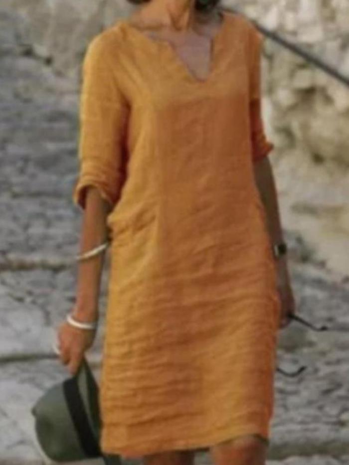 Cotton And Linen V-Neck Vintage Solid Color Dress