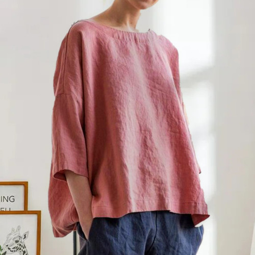 Round Neck Cotton and Linen T-shirt Loose Plus Size Women's Top
