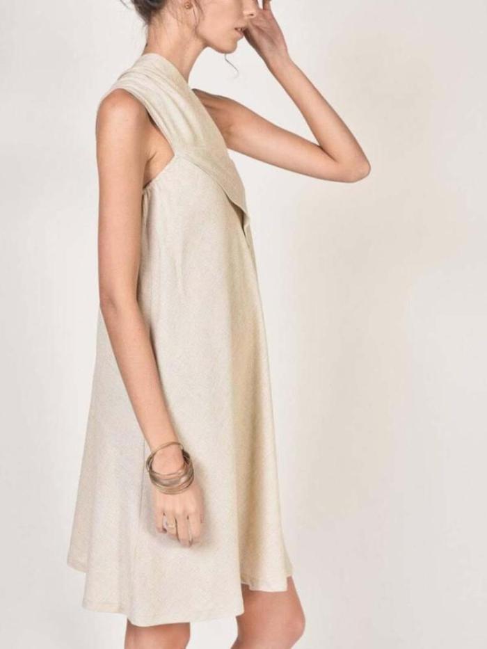 One-Shoulder Asymmetric Cotton Linen Wind Mini Dress