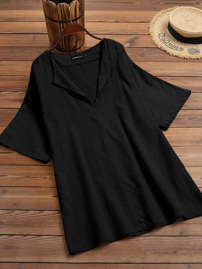 Women's Cotton Linen V-Neck Casual Retro Breathable Solid Color Shirt