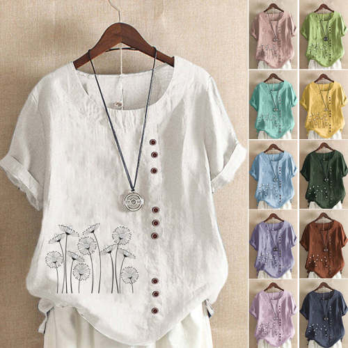 Pullover Print Cotton Linen T-Shirt