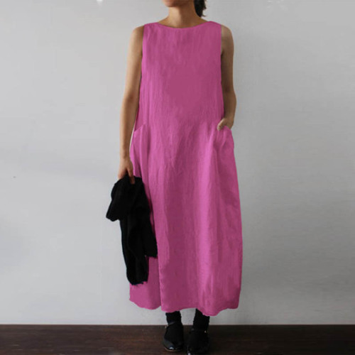 Crewneck Sleeveless Cotton Linen Long Dress With Double Patch Pockets