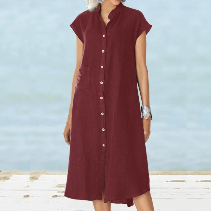 Stand Up Collar Button Down Cotton And Linen Dress With A Pocket