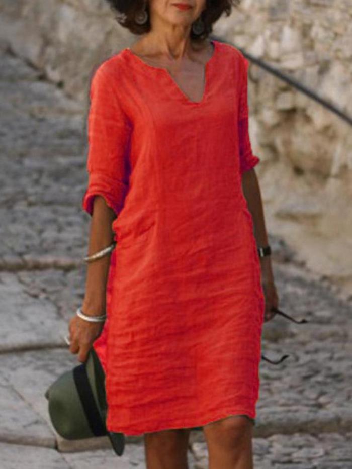 Cotton And Linen V-Neck Vintage Solid Color Dress