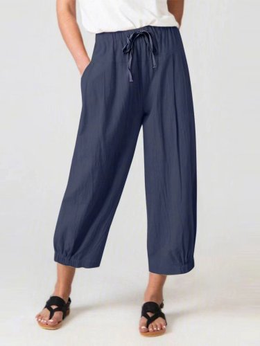 Women's Cotton Linen Drawstring Cropped Pocket Casual Pants