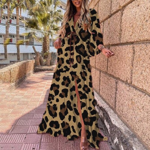 Women V-neck Leopard Printed Single A-line Loose Long Beach Dress