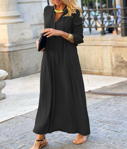 Solid Color Lapel Long Sleeve Simple Casual Long Dress