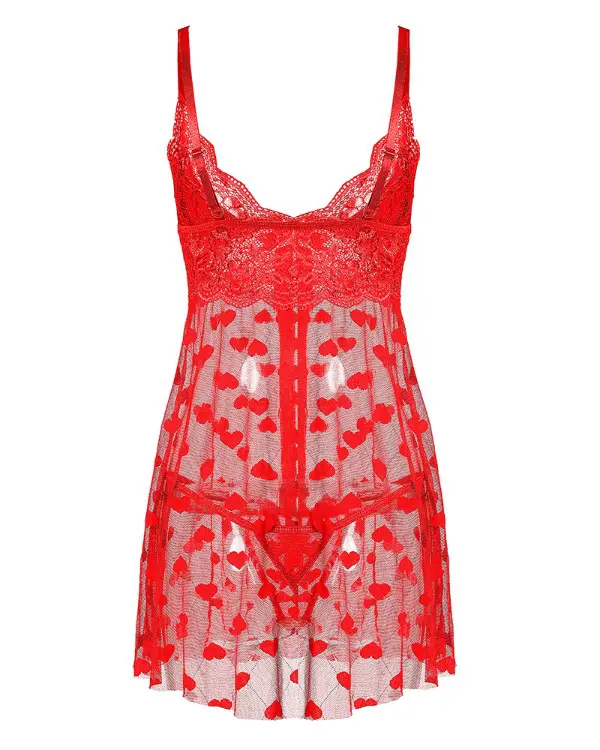 Contrast Lace Heart Flocked Sheer Mesh Babydoll With Thong