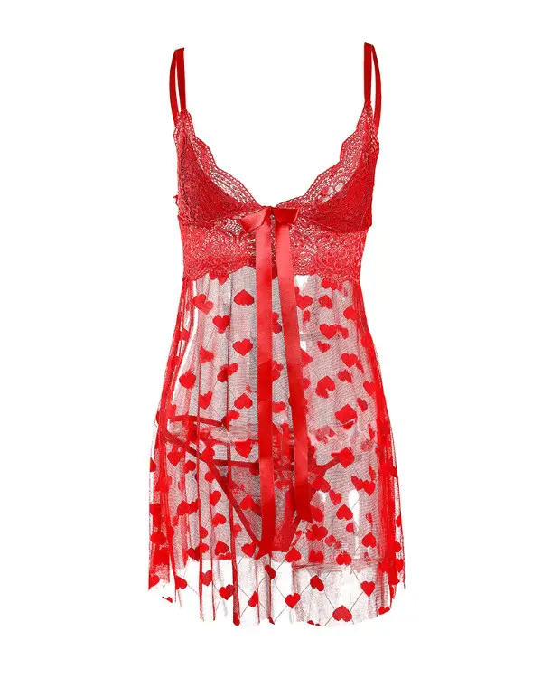 Contrast Lace Heart Flocked Sheer Mesh Babydoll With Thong