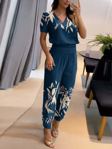 Women's Floral Casual V-Neck Short Sleeve Trousers Two-Piece Set