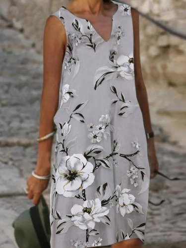 Women's Floral Print V-Neck Sleeveless Dress