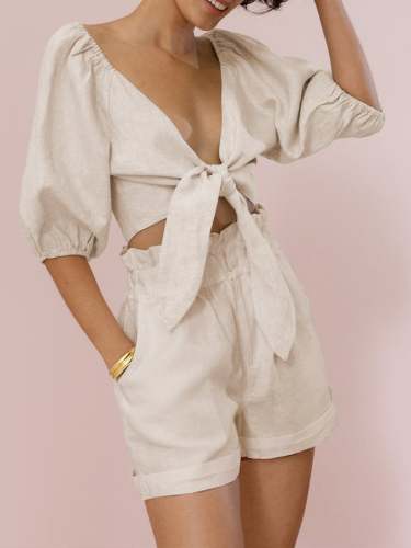 Women's Cotton Linen Cardigan Top Pocket Shorts Casual Suit