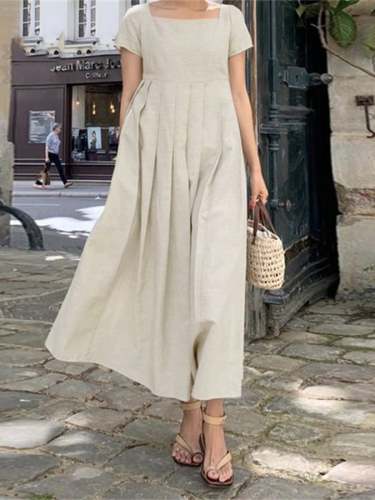 Cotton Linen Short Sleeved Square Neck Elegant Casual Dress