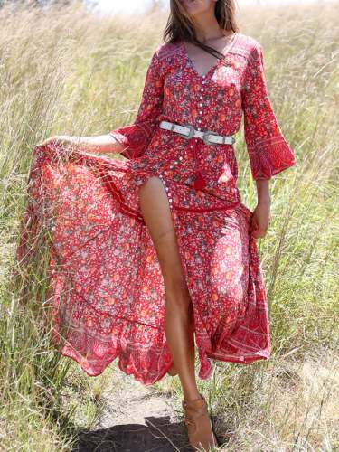 Women's Boho Style Floral Button Dress