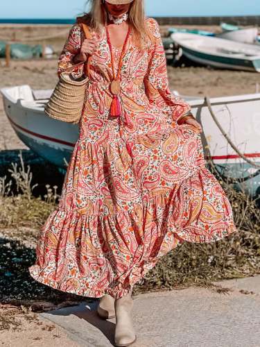 Women's Bohemian Paisley Flower V-Neck Dress