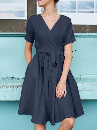 V-Neck Solid Color Belt Short Sleeved Cotton Linen Dress