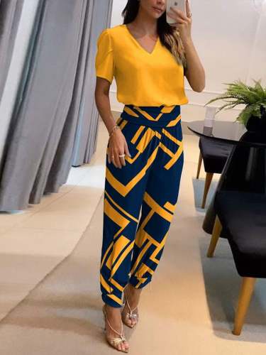 Women's Casual V Neck Short Sleeve Trousers Two-Piece Set