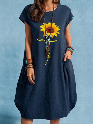 Casual Round Neck Cotton And Linen Dress