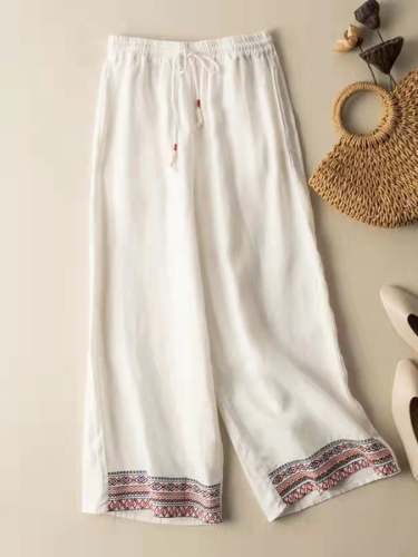 Cotton And Linen Embroidery Hanging Up Wide -leg Pants