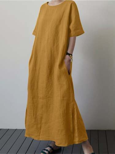 Cotton Linen Solid Short Sleeve Split Dress