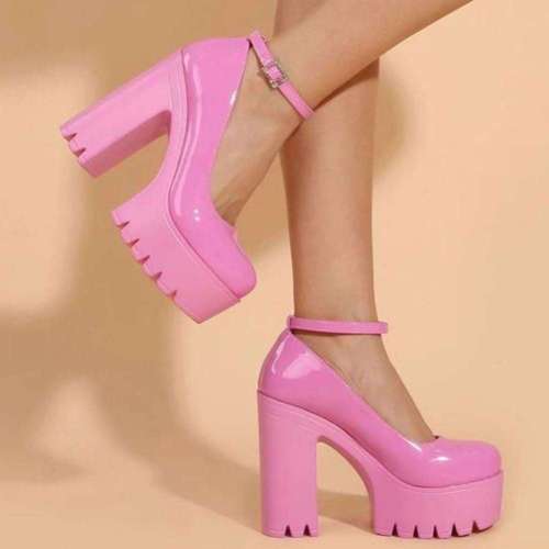 Woman Chunky Heeled Ankle Strap Pumps Sweet Pink square High Pumps heel