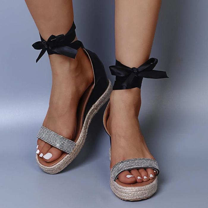 Women Espadrille Strappy Lace up Sparkly Rhinestone Wedge Sandals