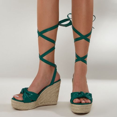 Green Lace-up Wedge Platform Braided Hemp Rope Sandals