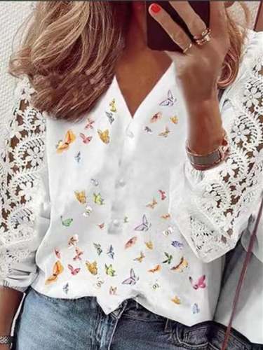 Women's Butterfly Print Lace Stitching V-Neck Shirt