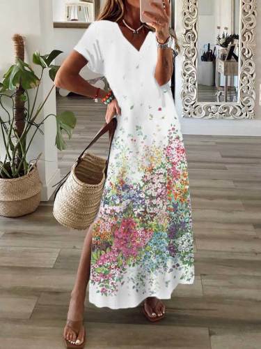 Women's Floral Print V Neck Slit Short Sleeve Dress