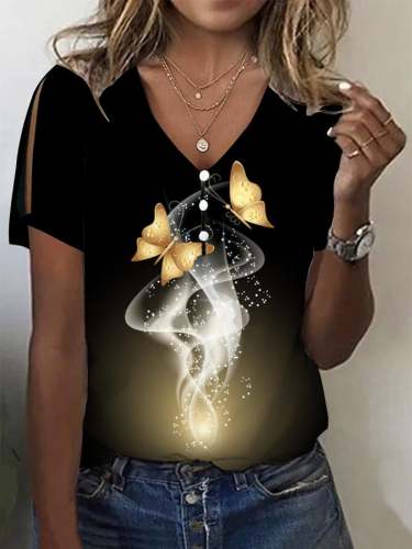 Printed Butterfly Short Sleeve V-Neck T-Shirt