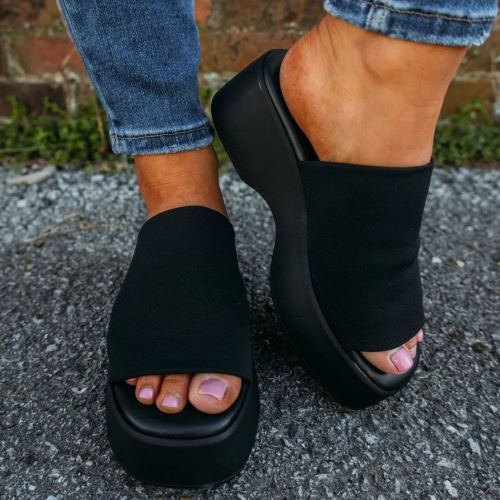 Black Thick Soled Slide Slippers