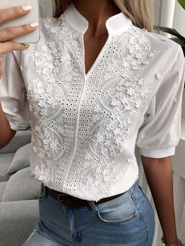 V-neck Stand Neck Embroidered Lace Shirt