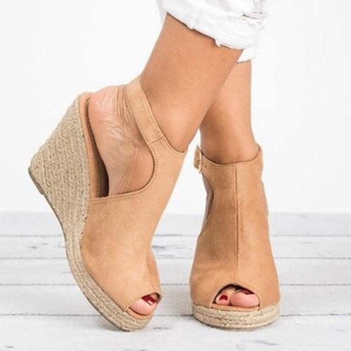 Women Suede Open Toe Cork Wedge Sandals