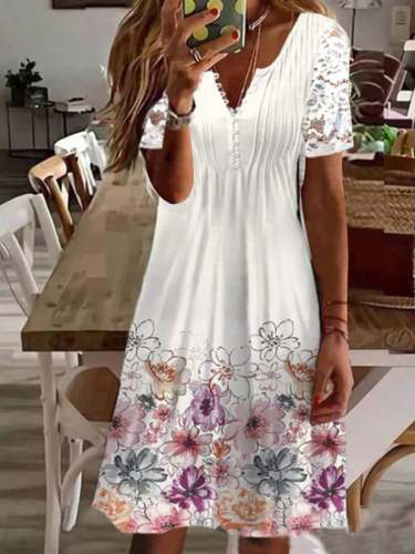 Printed Lace Patchwork Short Sleeved Dress