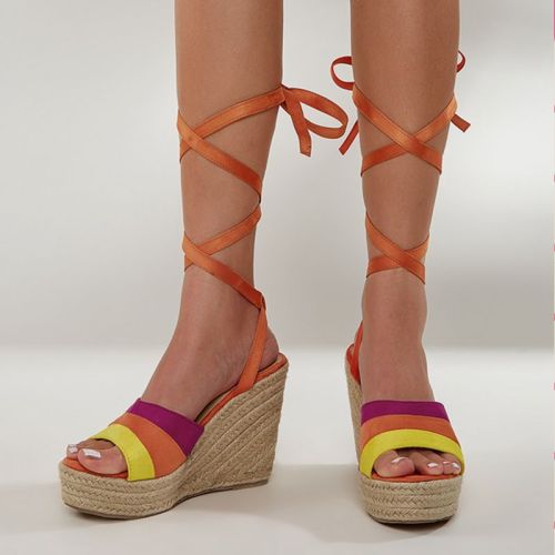 Women's Orange Strap Wedge Platform Braided Hemp Rope Sandals