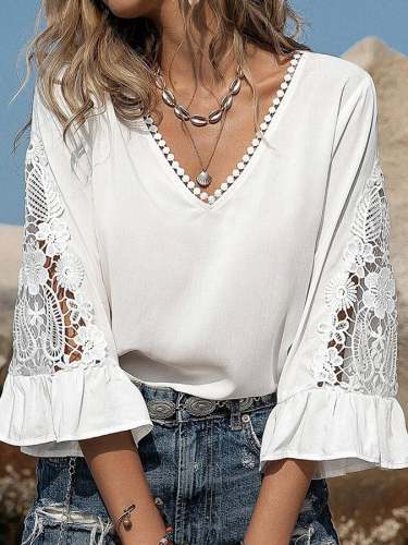 Solid Color Lace V-neck Splicing Lace Mid-sleeve Casual Vacation Top