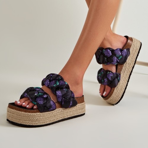 Women Grape Print Slip-on Platform Wedge Slippers
