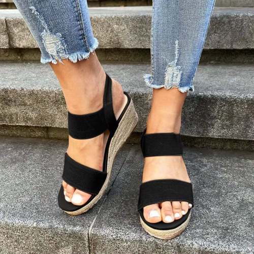 Women Solid Color Slingback Hollow Breathable Espadrille Wedge Sandals