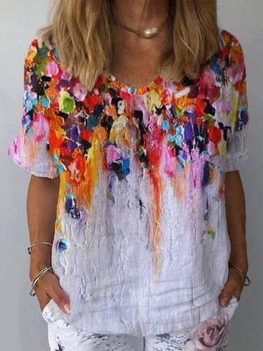 Women's Cotton Linen Oil Painting Print Casual Loose Top