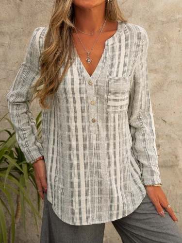 Women's Cotton Linen Loose V Neck Button Pocket Check Shirt
