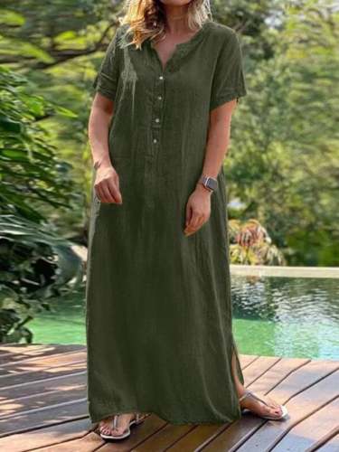 Solid Standing Neck Long Casual Loose Dress