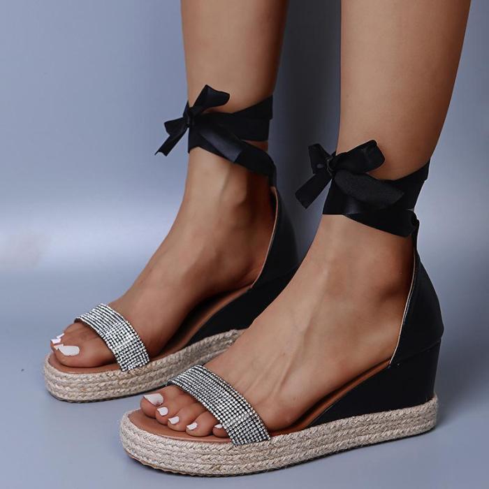 Women Espadrille Strappy Lace up Sparkly Rhinestone Wedge Sandals