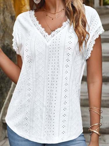 V Neck Casual Lace Short Sleeve T-Shirt