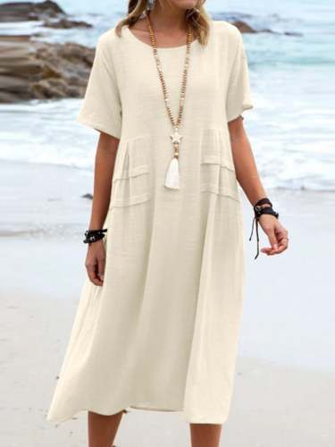 Loose Casual Cotton Linen Solid Color Mid Length Dress