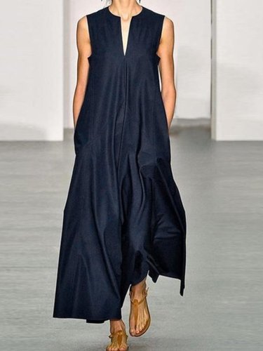 Women's Fashion V-Neck Solid Color Sleeveless Long Dress