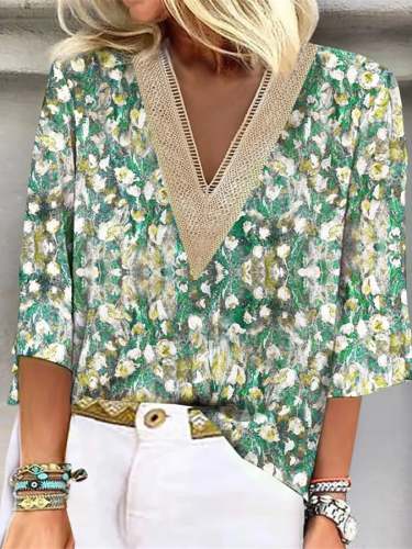 Casual Printed Shirt With Lace V-neck