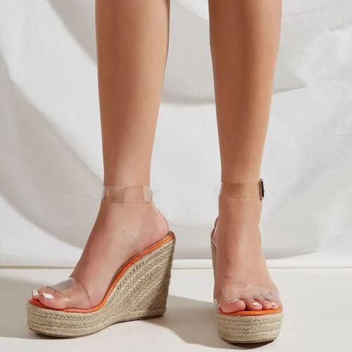 Women's Transparent Strap Woven Linen Sole Wedge Sandals