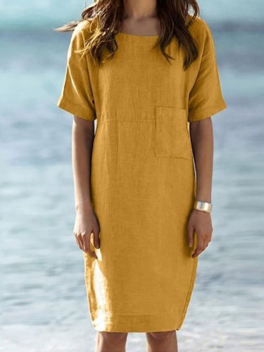 Casual Solid Color Cotton And Linen Dress
