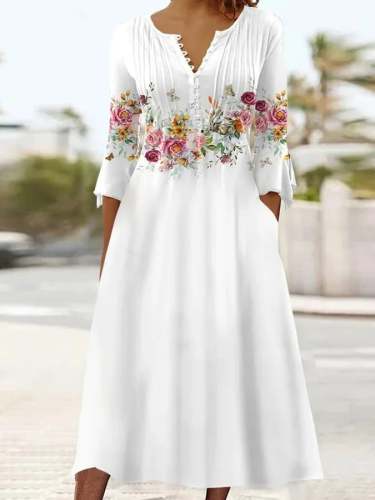 V-neck Floral Print Loose Long Sleeve Dress