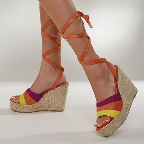 Women's Orange Strap Wedge Platform Braided Hemp Rope Sandals